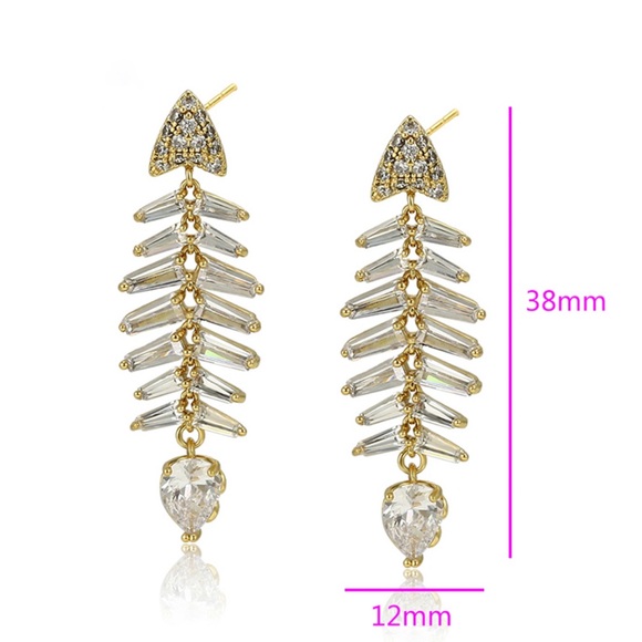 Fishbone Earrings 14k Gold Plated CZ Stone Luxury Jewelry - Picture 2 of 11